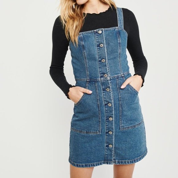 ABERCROMBIE AND FITCH Women's Large Button Up Denim Overall Dress Ble Adjustable